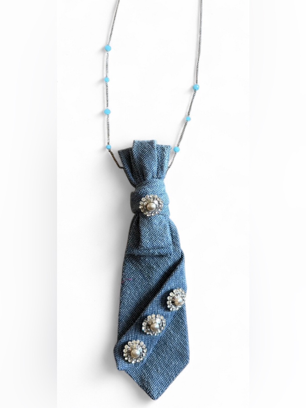 Re-Styled Vintage Denim Look Necktie Necklace, Rhinestones, Removable Chain - Picture 2 of 5